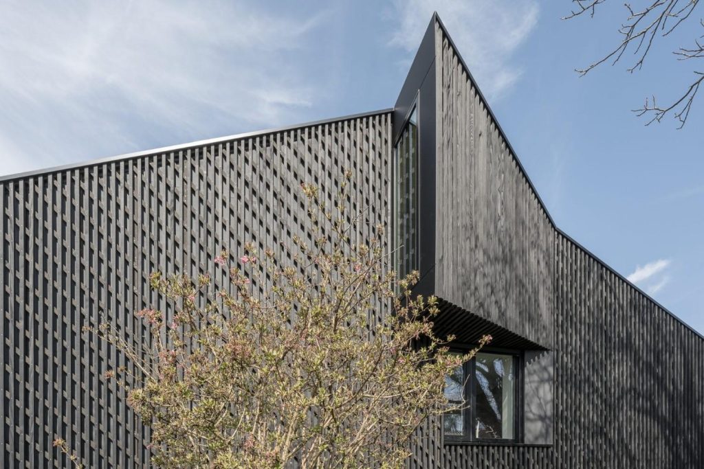 Moderne schwarze Architektur mit Baum